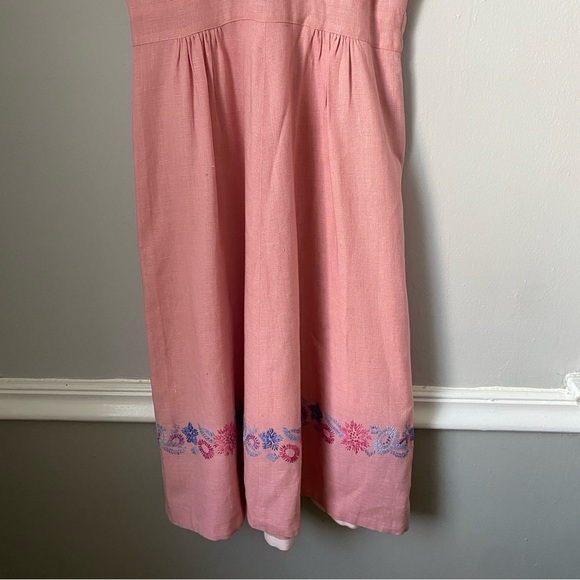 Vintage 50s pink linen short sleeve dress floral flower embroidery detail XS S - Picture 6 of 16